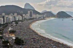 A view of the copacabana beach with a crowd of 3.5 million for Rod Stewarts New Years Eve Concert. Biggest Concert of all time