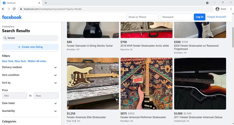 Screenshot of Facebook Marketplace Guitar Search