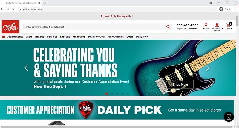 Screenshot of Guitar Center Home Page