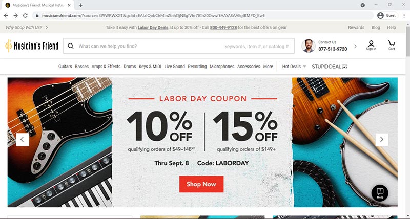 Screenshot of Musician's Friend Home Page