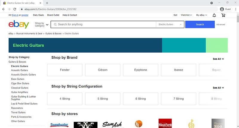 Screenshot of eBay Website Guitar Search