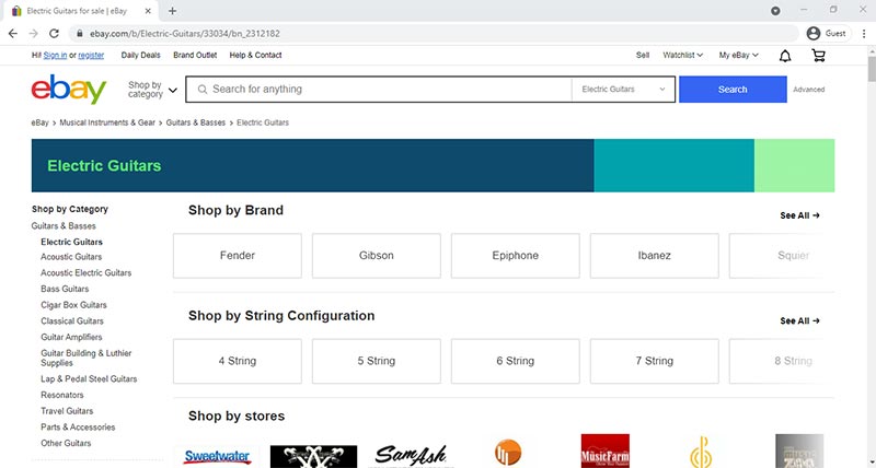 Screenshot of eBay Website Guitar Search