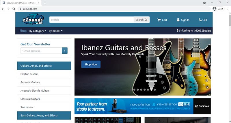 Screenshot of zZounds Home Page