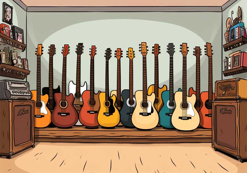 Cartoon of a guitar store with guitars for sale