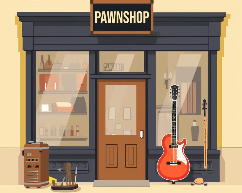 Cartoon of a pawnshop with a guitar at the front