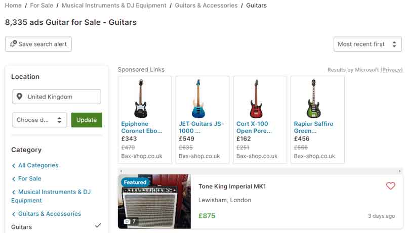 Gumtree guitar marketplace for the UK market